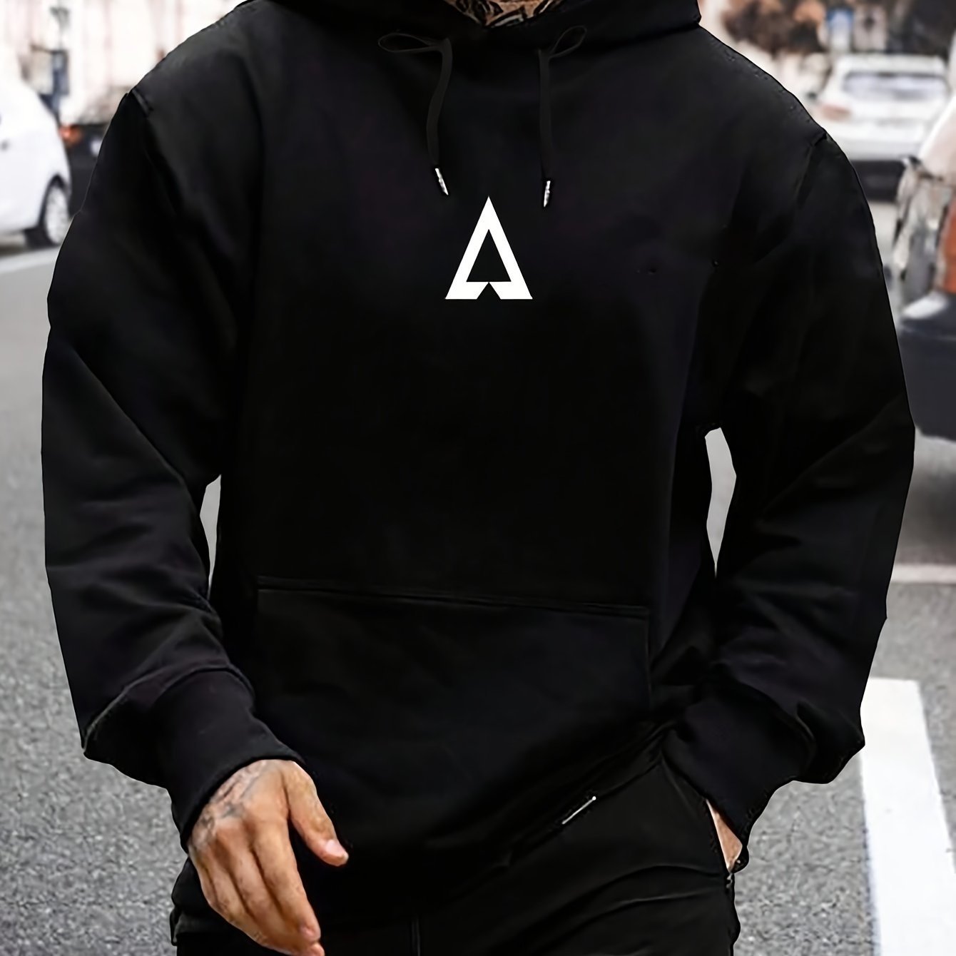 Pull à capuche décontracté à motifs géométriques pour homme avec sac