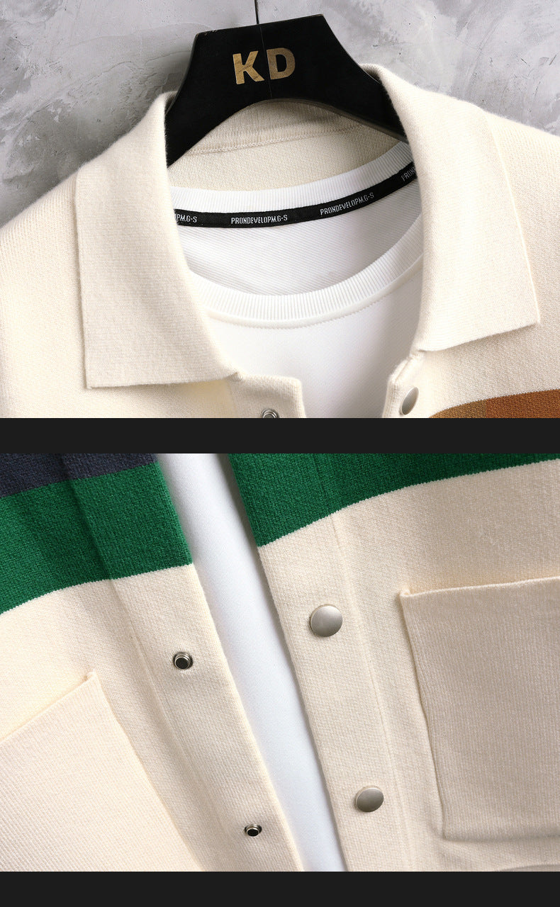 Cardigan à revers d'automne pour homme, couleur assortie, pull-manteau