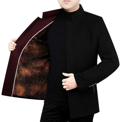 Manteau en laine pour homme d'âge moyen, col montant en velours, vêtement pour papa, automne et hiver, polaire rembourrée