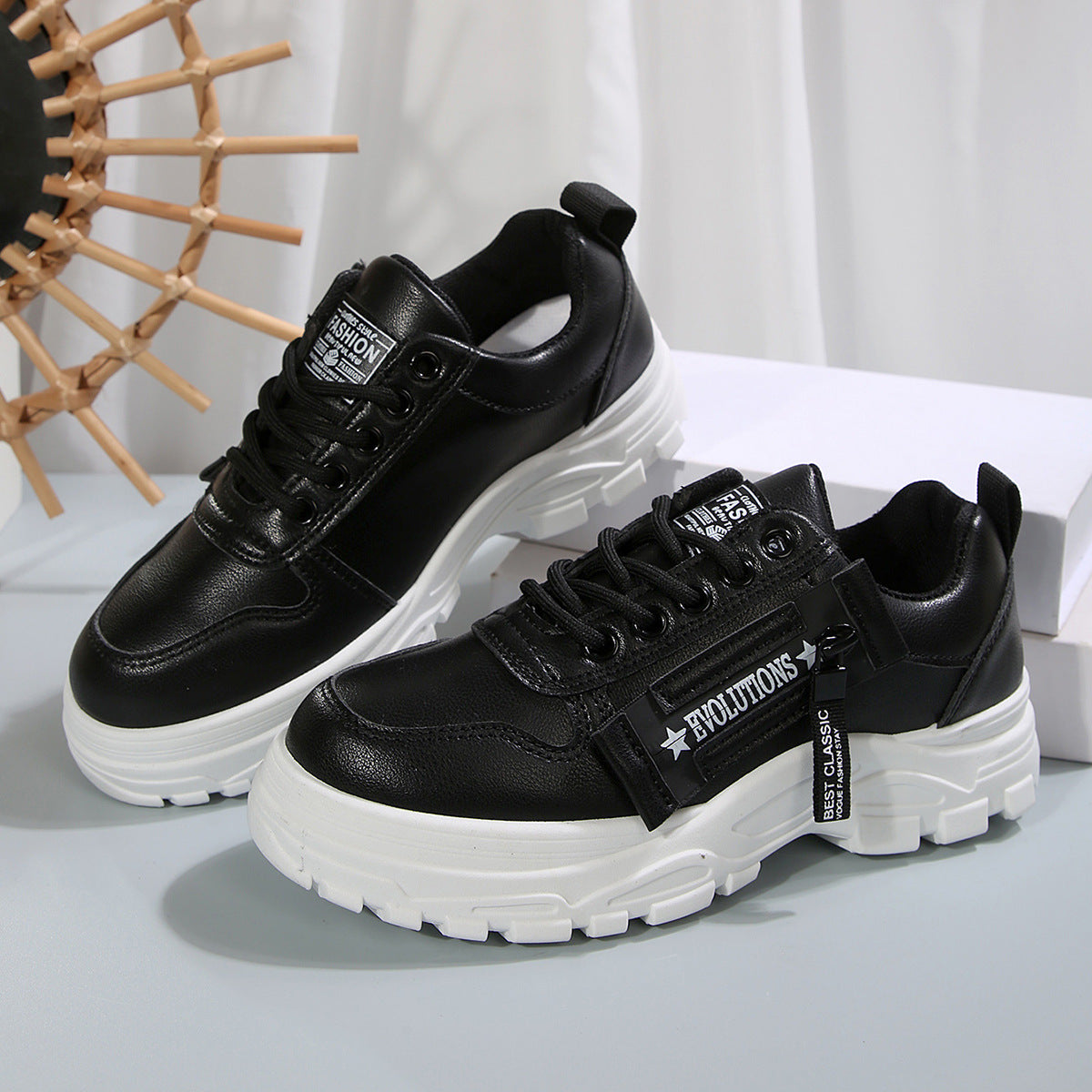 Lace-up Sports Shoes With Side-Zipper Design Fashion Thick-soled Round-toe Casual Shoes For Women Sneakers - ARCHSHOPE