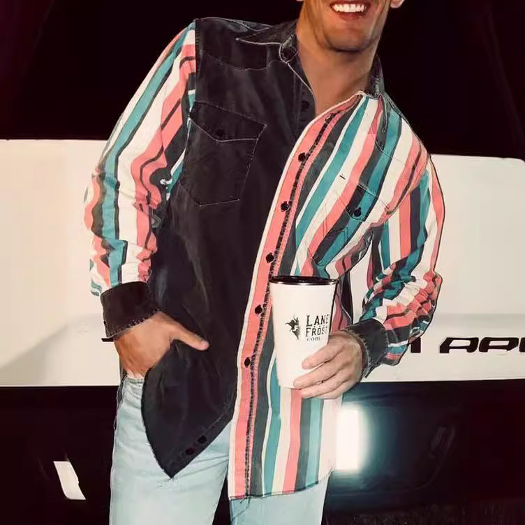 Men's Retro Printed Loose Long Sleeves Top Striped Casual Shirt - ARCHSHOPE