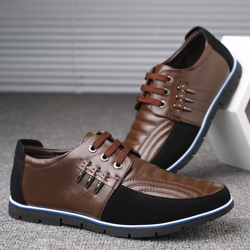 Herren Lederschuhe Koreanische Casual Lederschuhe Erste Schicht Rindsleder Dreifarbige Spitze Rundkopf Hohlkleid Jugendschuhe