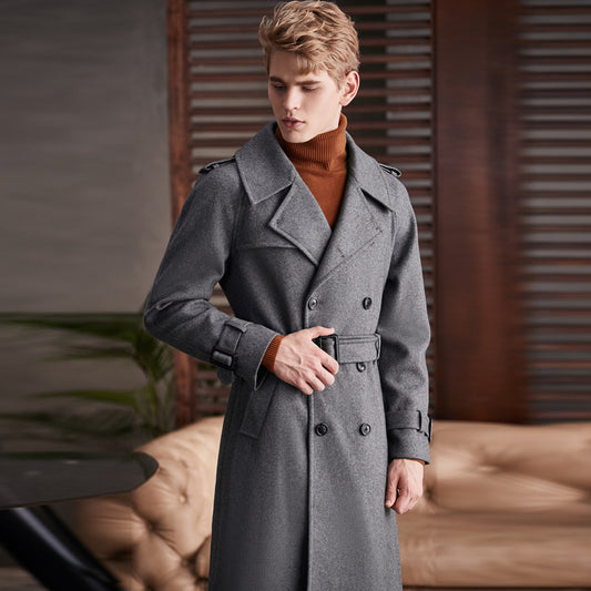 Manteau croisé en laine pour homme, longueur genou