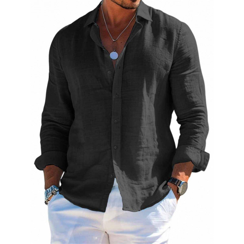 Men's Long Sleeve Shirt Casual Loose Lapel Button Top Solid Color Plus Size Blouse Clothing - ARCHSHOPE