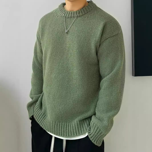 Pull ample en tricot de couleur unie, style rétro japonais, manches longues, col rond, pour homme
