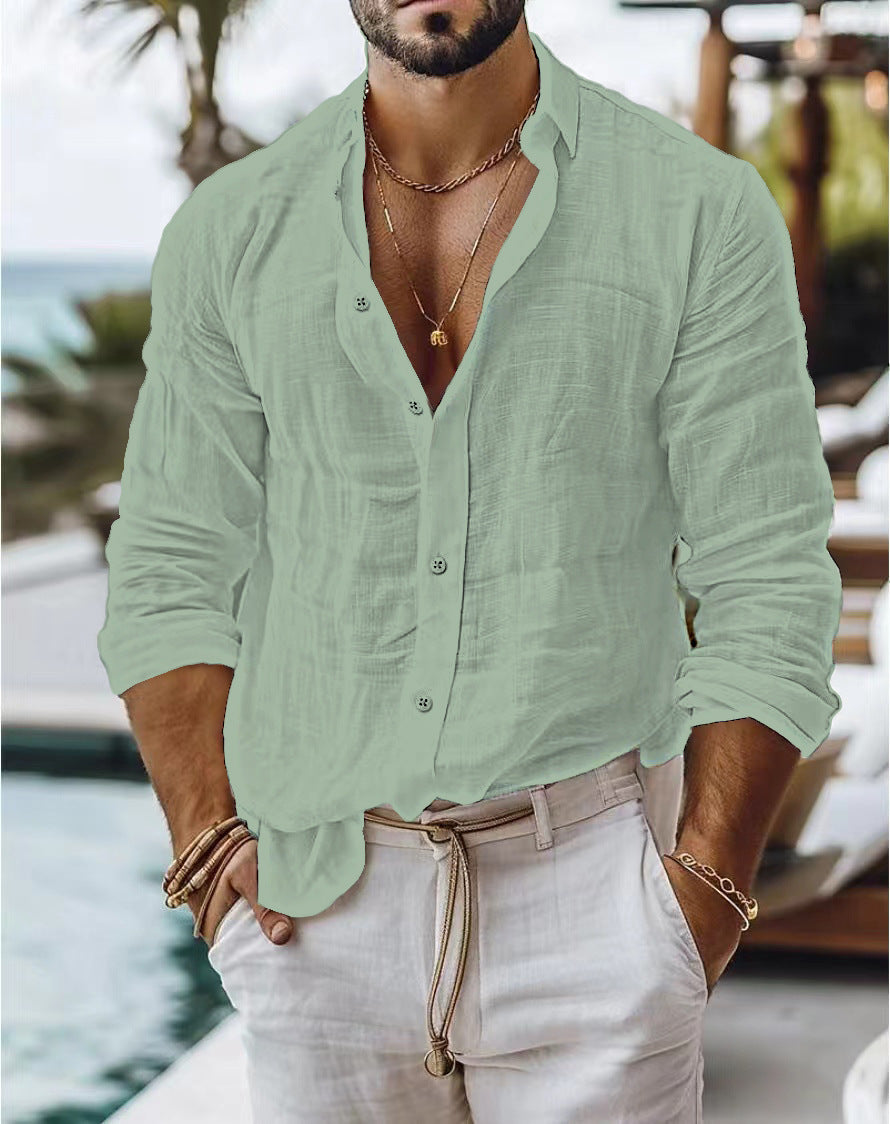 Men's Solid Color Cotton Linen Shirt Casual Style Long Sleeve - ARCHSHOPE