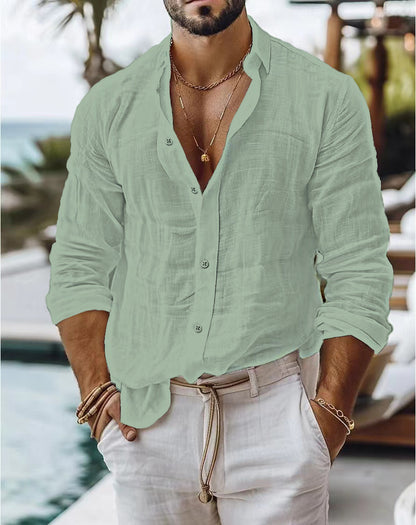 Men's Solid Color Cotton Linen Shirt Casual Style Long Sleeve - ARCHSHOPE