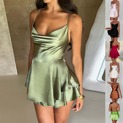 Sexy Suspender Skirt For Women Elegant Slim Strap Satin Backless Lace Up A-Line Short Dress Lady - ARCHSHOPE