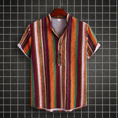 Chemise homme à col montant, style ethnique, rayée, en coton et lin, décontractée, à manches courtes