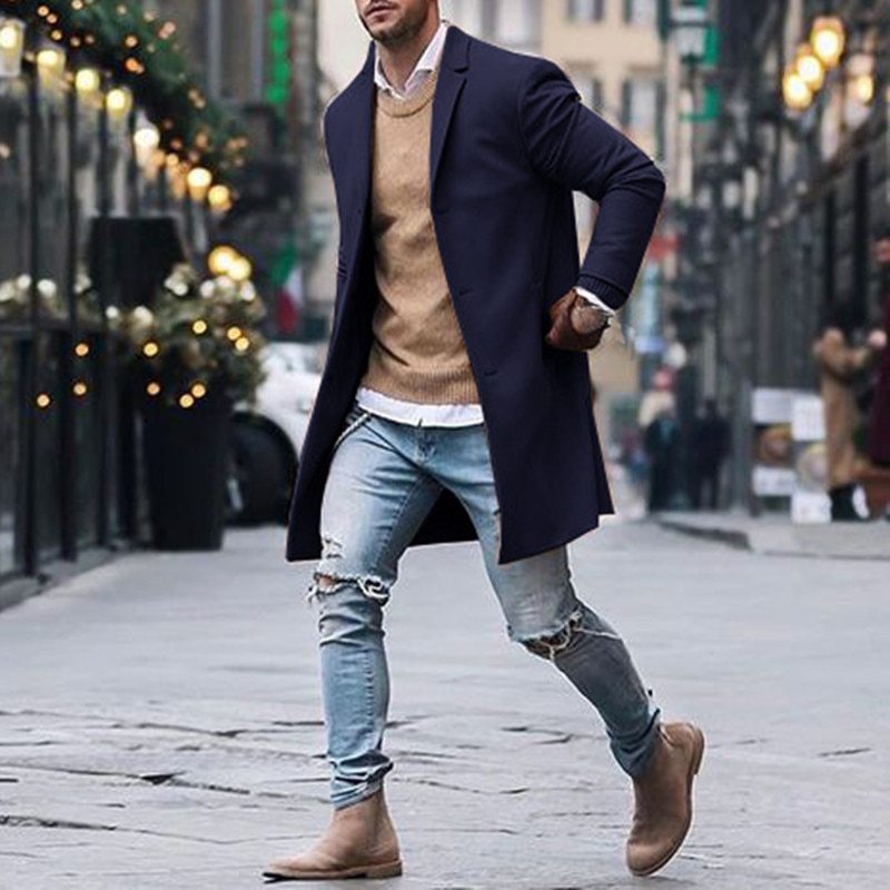 Fashion Winter Men's Trench Long Jackets Coats Overcoat Classic Jackets Solid Slim Fit Outwear Hombre Men Clothes Khaki Black - ARCHSHOPE