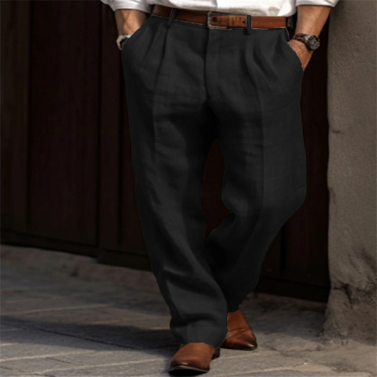 Men's Linen Trousers Double Pleated Front Pocket Straight Pure Color Comfort Breathable Casual - ARCHSHOPE