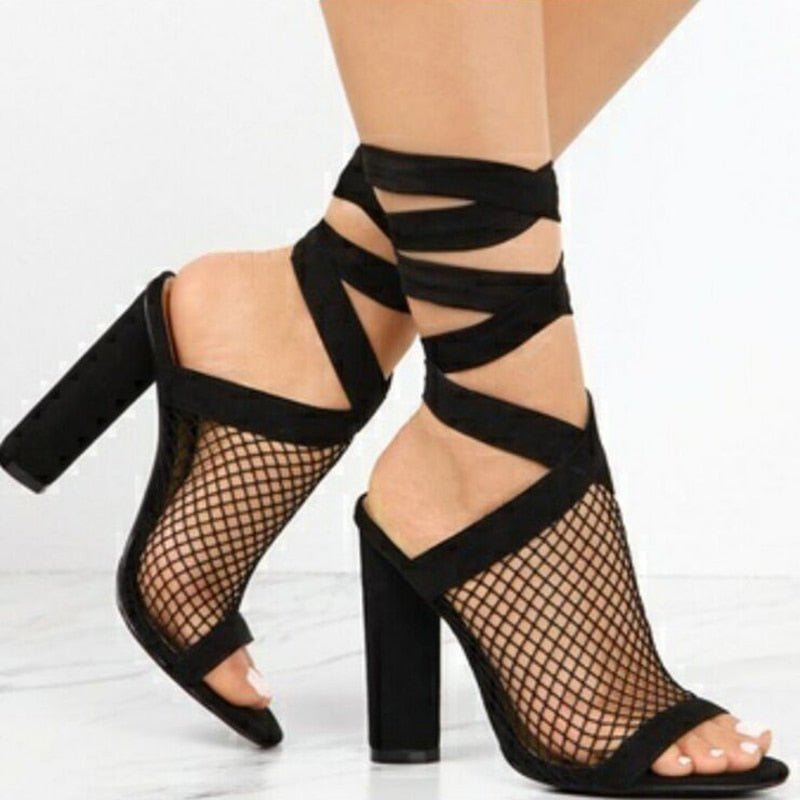 Women Sandals Bandage Flock Cross Strap Lace Up High Heels Sandal - ARCHSHOPE