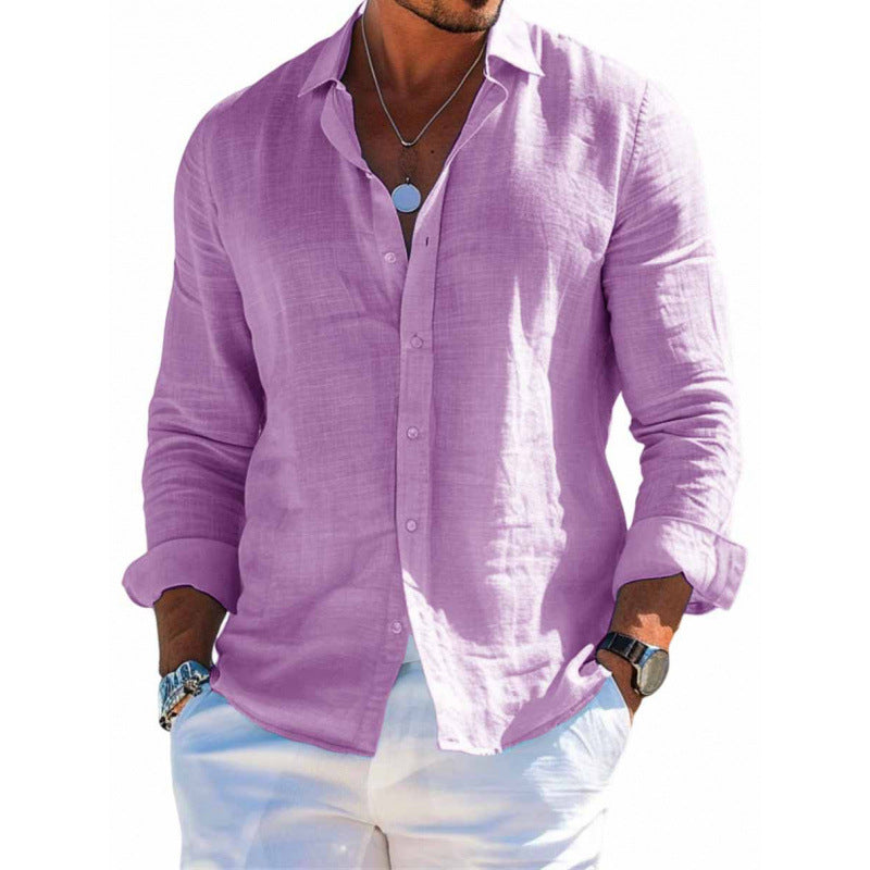 Men's Long Sleeve Shirt Casual Loose Lapel Button Top Solid Color Plus Size Blouse Clothing - ARCHSHOPE