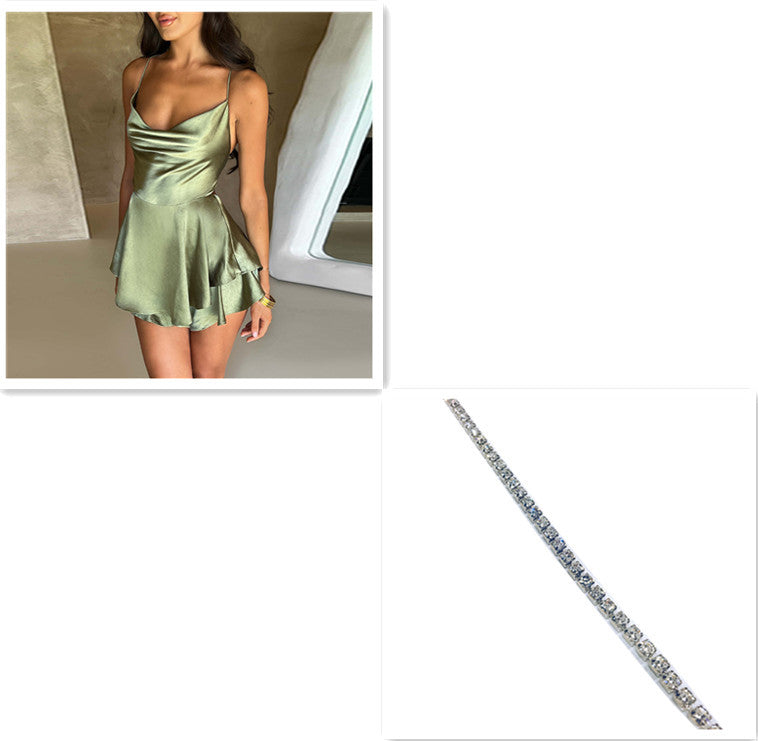 Sexy Suspender Skirt For Women Elegant Slim Strap Satin Backless Lace Up A-Line Short Dress Lady - ARCHSHOPE