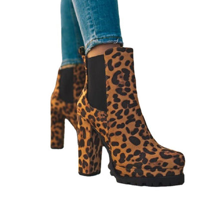 Round-toe Ankle Boots Solid Leopard Print Thick Square High Heel Shoes Ladies Casual Fashion Autumn Winter Suede Dress Party Boots - ARCHSHOPE