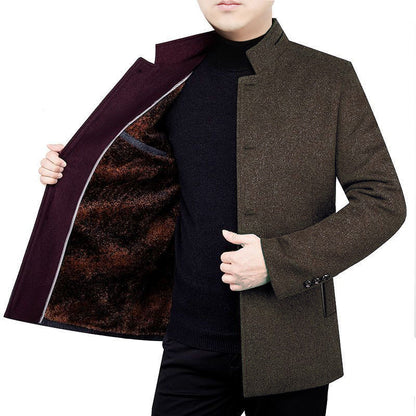 Manteau en laine pour homme d'âge moyen, col montant en velours, vêtement pour papa, automne et hiver, polaire rembourrée