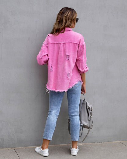 Fashion Ripped Shirt Jacket Female Autumn And Spring Casual Tops Womens Clothing - ARCHSHOPE