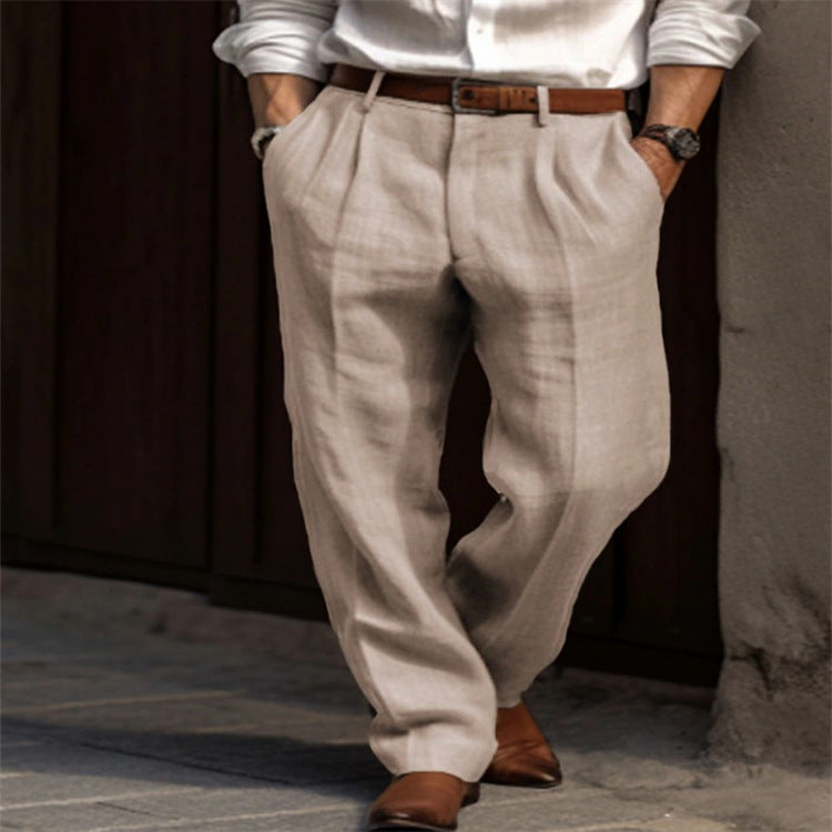 Men's Linen Trousers Double Pleated Front Pocket Straight Pure Color Comfort Breathable Casual - ARCHSHOPE