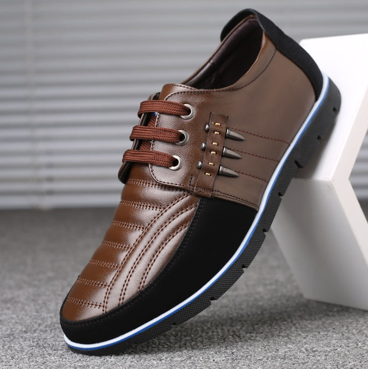 Herren Lederschuhe Koreanische Casual Lederschuhe Erste Schicht Rindsleder Dreifarbige Spitze Rundkopf Hohlkleid Jugendschuhe