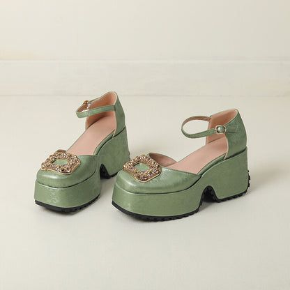 New Chinese Style Jacquard Square Toe Chunky Heel Womens Shoes