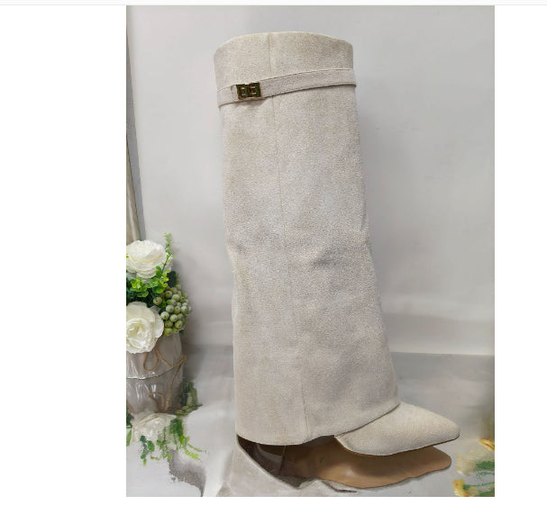 Ins Pant-tube Boots Pointed Toe Chunky Heel Shoes WInter Knight Mid-calf Dress Boot For Women - ARCHSHOPE