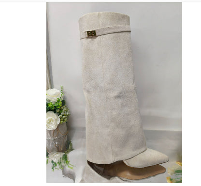Ins Pant-tube Boots Pointed Toe Chunky Heel Shoes WInter Knight Mid-calf Dress Boot For Women - ARCHSHOPE