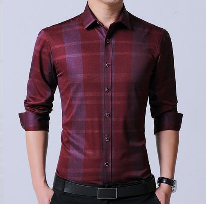 Chemise homme en coton micro-élastique sans repassage, coupe slim, manches longues, bleu