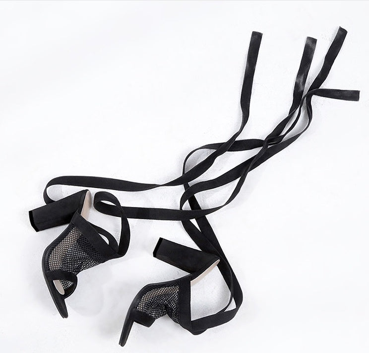 Women Sandals Bandage Flock Cross Strap Lace Up High Heels Sandal - ARCHSHOPE