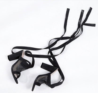 Women Sandals Bandage Flock Cross Strap Lace Up High Heels Sandal - ARCHSHOPE
