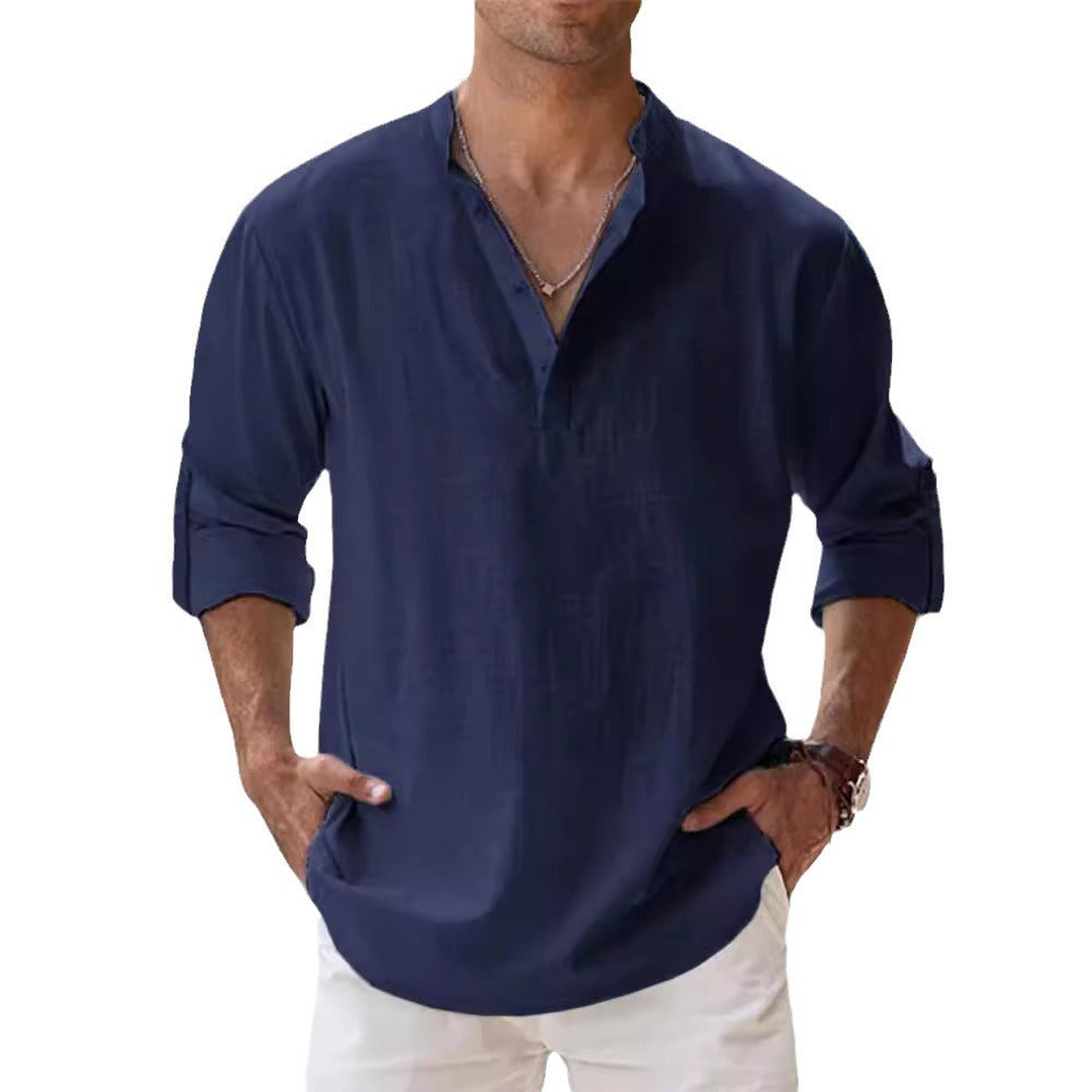 Men's Linen Stand-up Collar Long Sleeve T-shirt Loose Undershirt - ARCHSHOPE
