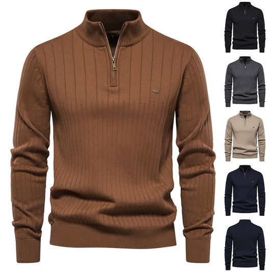 Men's Stand Collar Sweater Fashion Half-zipper Solid Color Striped Knit Sweater High Quality Slim Fit Top Clothing - ARCHSHOPE