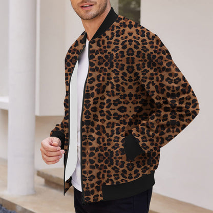 Herbst Vintage Leopard Print Muster Herren Reißverschlussjacke Fleecegefüttert Langarmmantel