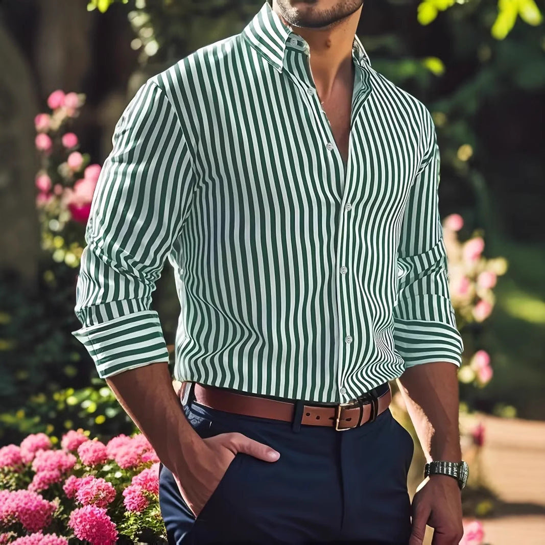 Ins Stripe Printed Long Sleeve Shirt Men Fashion Casual Lapel Button Top Clothing