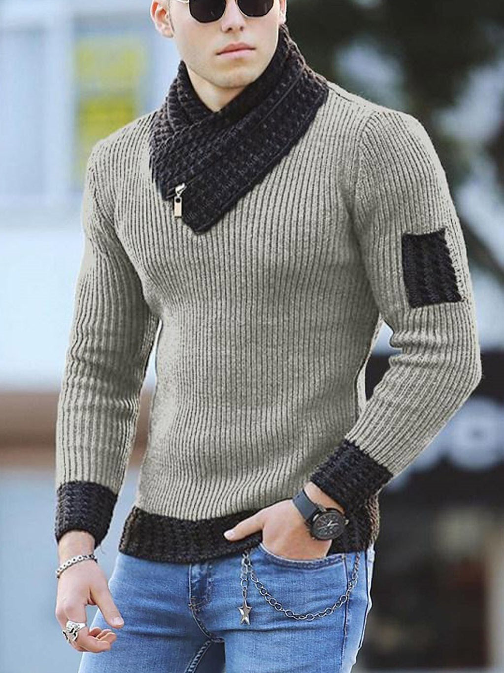 Independent Station Lässiger, schmaler Strickpullover mit langen Ärmeln und Schalkragen für Herren