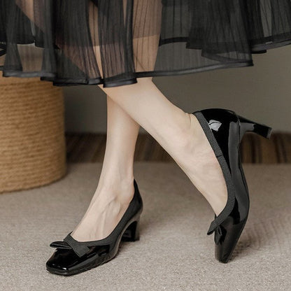 2026 New Spring Women's Pumps, Square Toe Block Heel, Bow Patent Leather, French Style Nude Heels, Elegant Shoes For Dresses