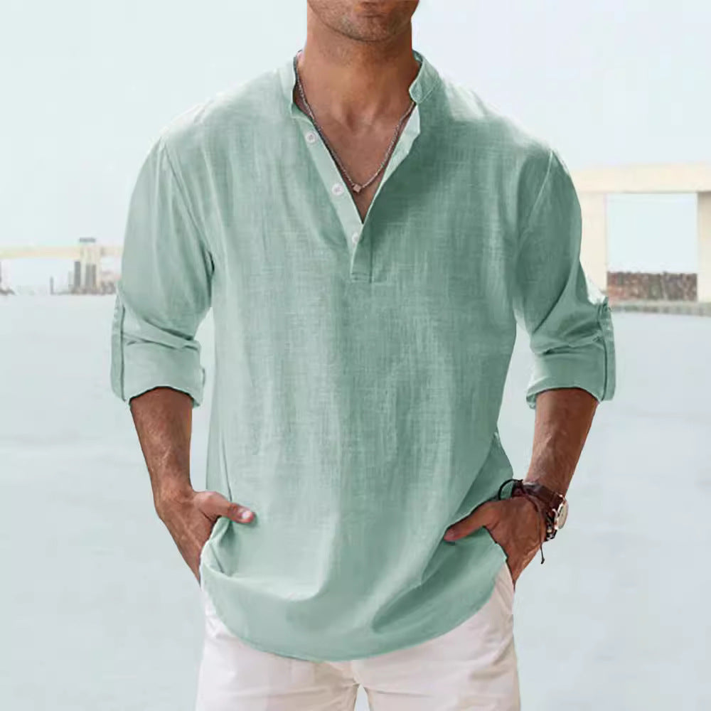Men's Linen Stand-up Collar Long Sleeve T-shirt Loose Undershirt - ARCHSHOPE