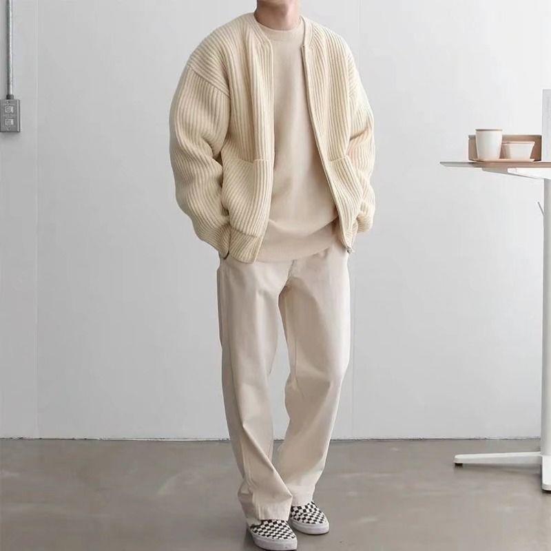 Herren-Strickjacke mit Reißverschluss, gefüttert, Trichterhals, Pullover, Taschen, Mantel, für alle Jahreszeiten, bequem, weich, lange Ärmel