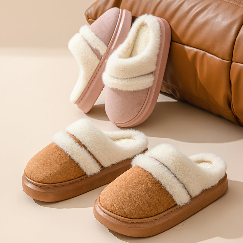 Fashion Warm Cotton Slippers For Women Leisure Thick Bottom Non-slip Plus-velvet House Shoes Winter Bedroom Floor Suede Slipper - ARCHSHOPE
