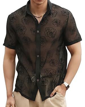 Herren Rose Flower Mesh Durchsichtiger Knopf Kurzarm