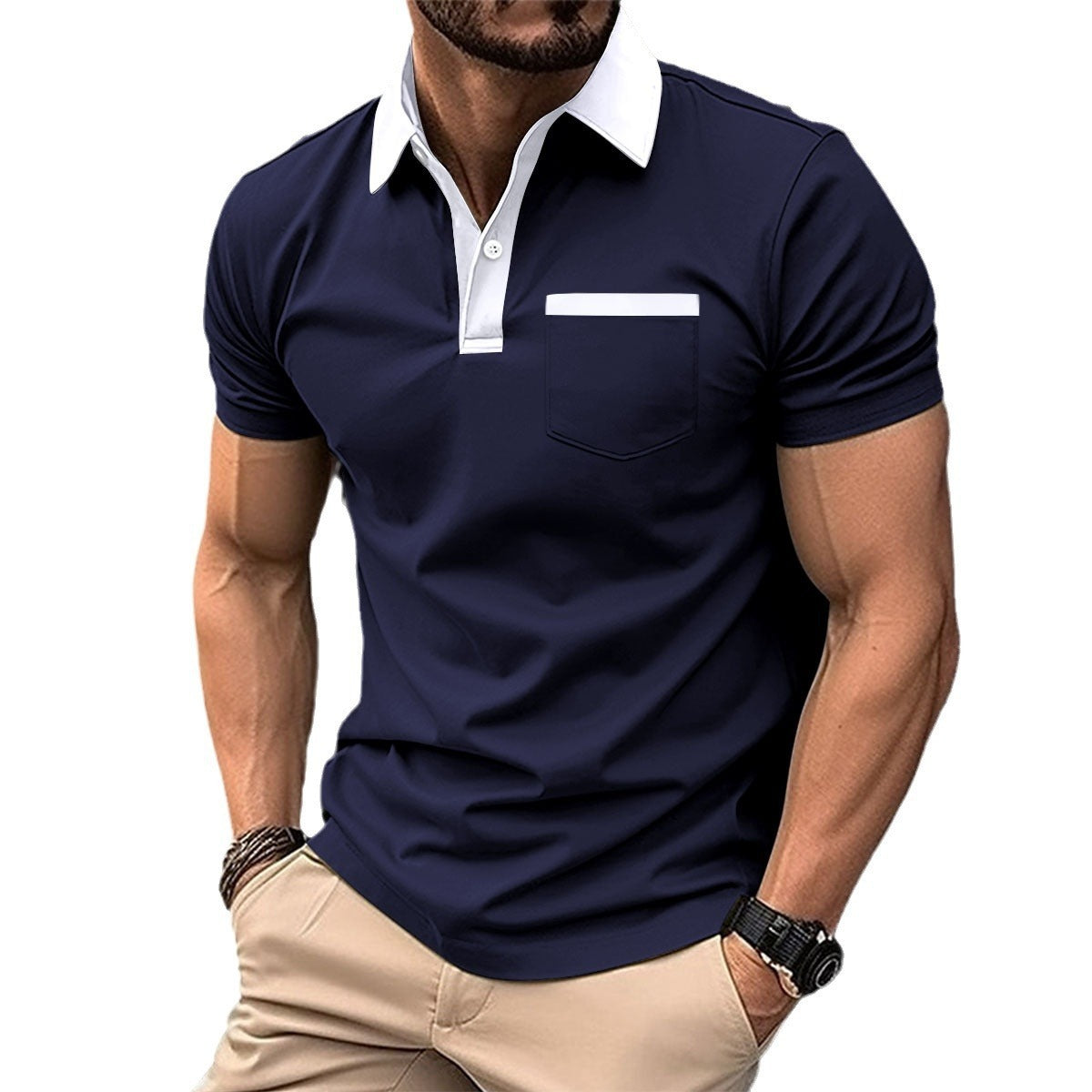 Revers Fashion Slim Pocket Kurzarm T-Shirt Poloshirt Herrenbekleidung