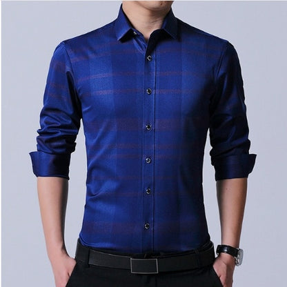 Chemise homme en coton micro-élastique sans repassage, coupe slim, manches longues, bleu