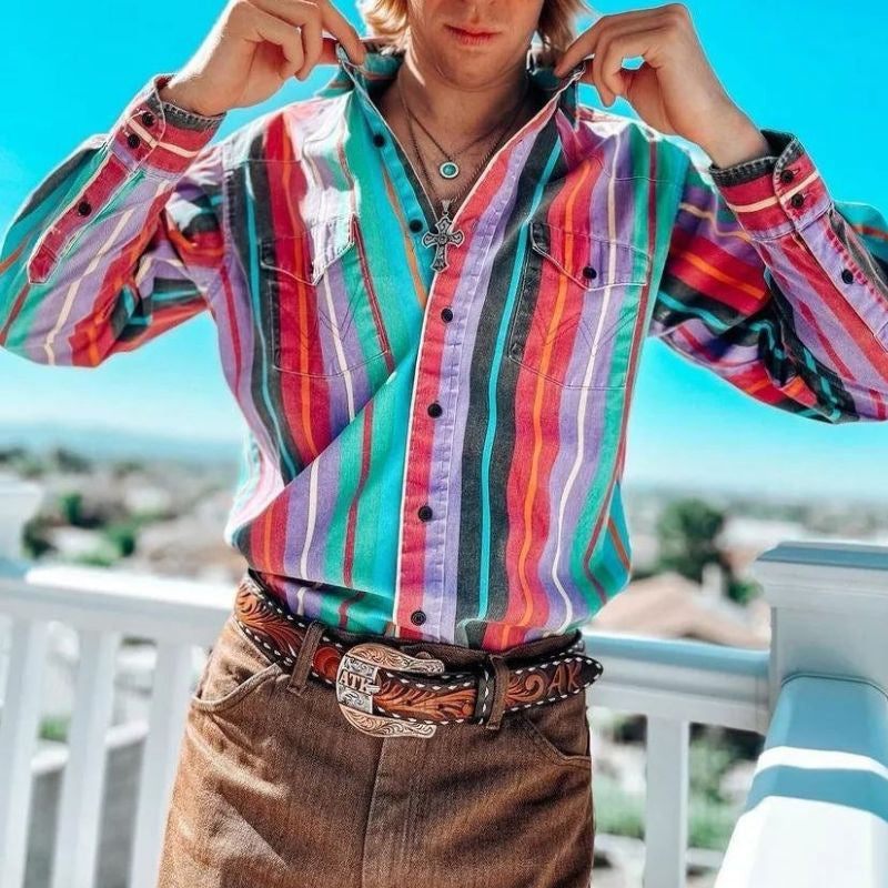 Men's Retro Printed Loose Long Sleeves Top Striped Casual Shirt - ARCHSHOPE