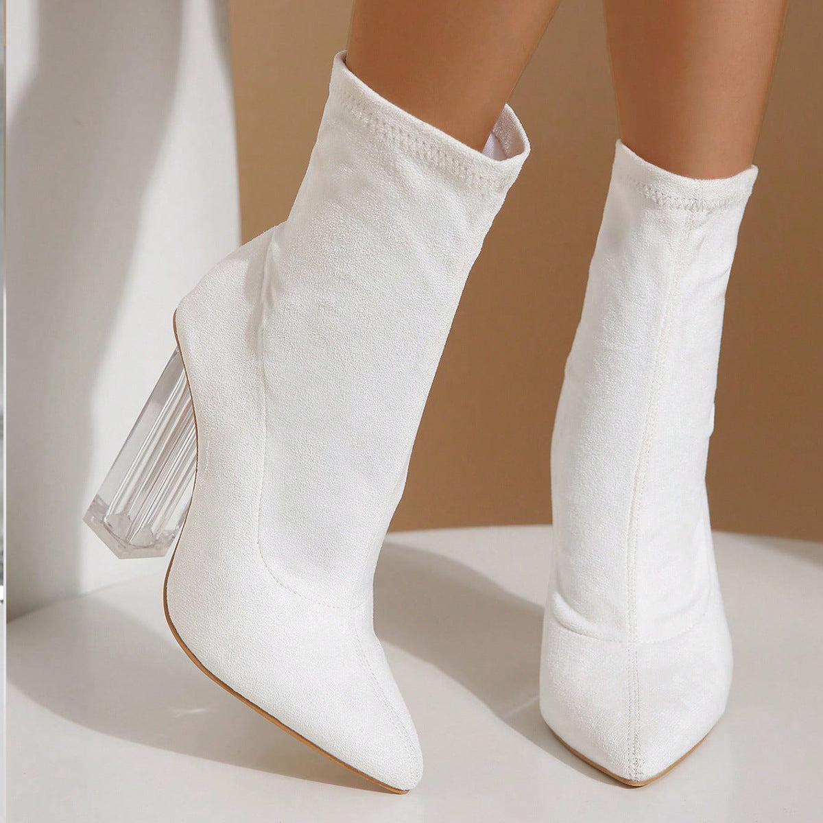 New Crystal Heel Boots Fashion High-heeled Party Shoes For Women Elastic Mid-calf Slim-foot Boots Autumn And Winter - ARCHSHOPE