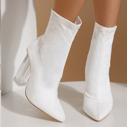 New Crystal Heel Boots Fashion High-heeled Party Shoes For Women Elastic Mid-calf Slim-foot Boots Autumn And Winter - ARCHSHOPE