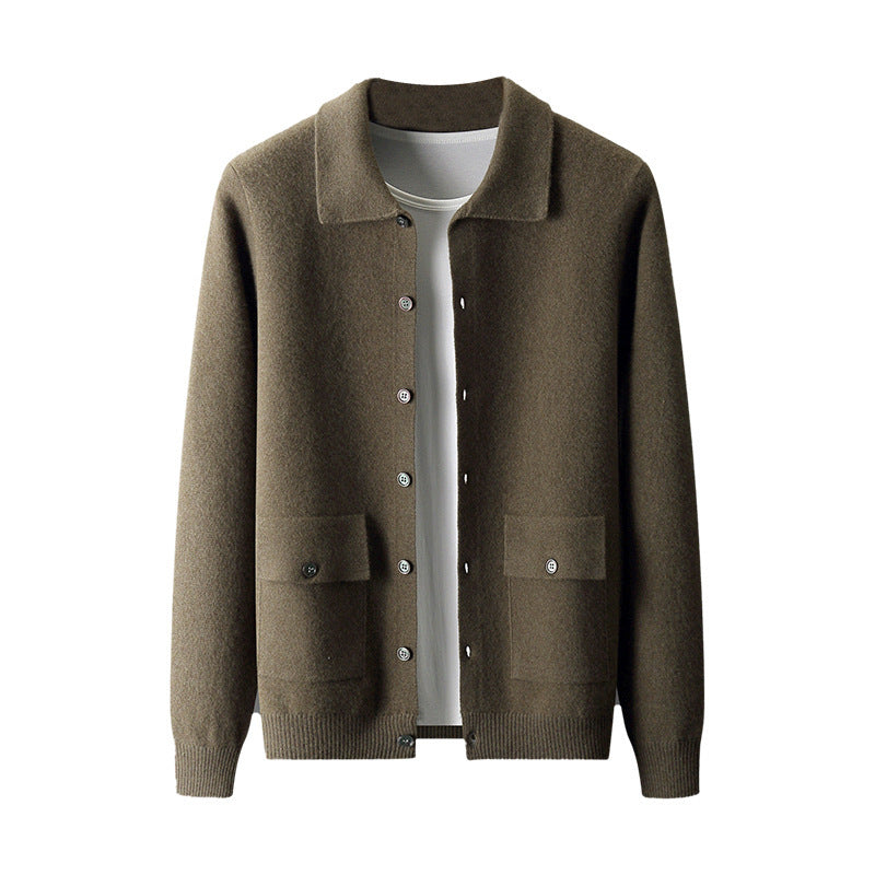 Cardigan en laine à col polo pour homme, couleur unie, automne-hiver, rétro, poche, manteau épais