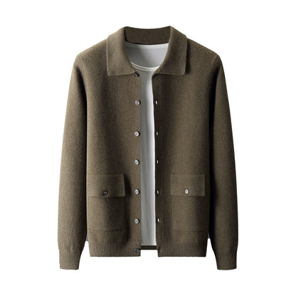 Cardigan en laine à col polo pour homme, couleur unie, automne-hiver, rétro, poche, manteau épais