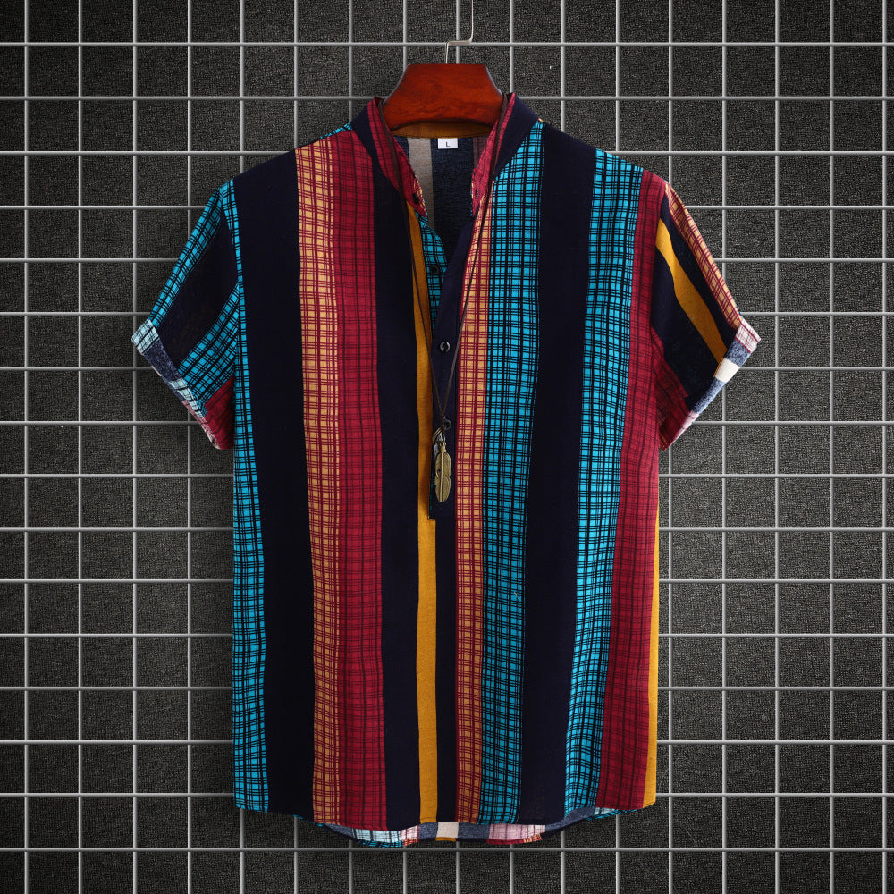 Chemise homme à col montant, style ethnique, rayée, en coton et lin, décontractée, à manches courtes