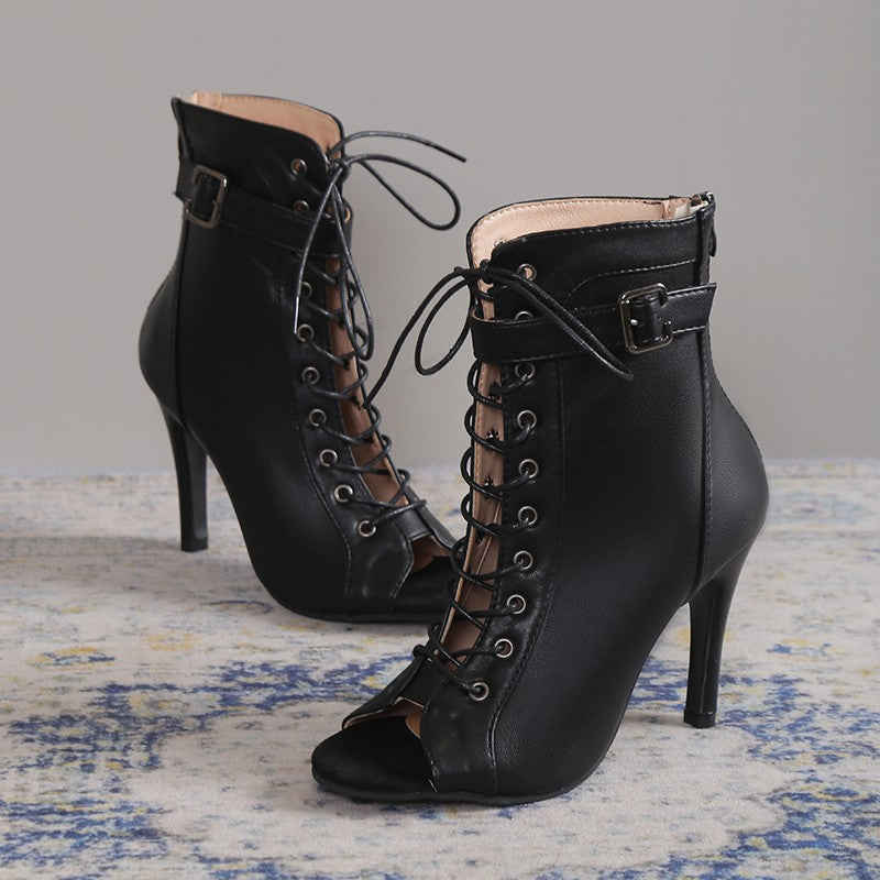 Women's Peep Toe High Heel Pumps Shoes Fashion Lace-up Buckle Sandals With Back Zipper Design - ARCHSHOPE