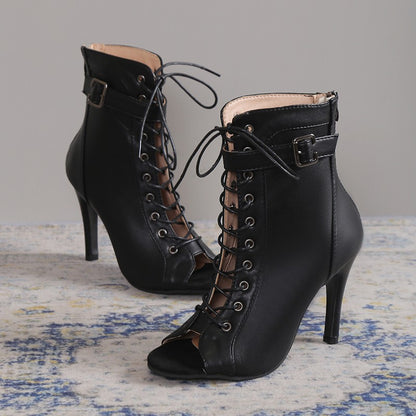 Women's Peep Toe High Heel Pumps Shoes Fashion Lace-up Buckle Sandals With Back Zipper Design - ARCHSHOPE