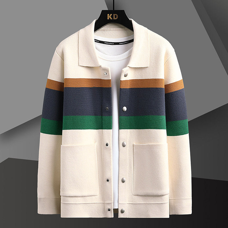 Cardigan à revers d'automne pour homme, couleur assortie, pull-manteau
